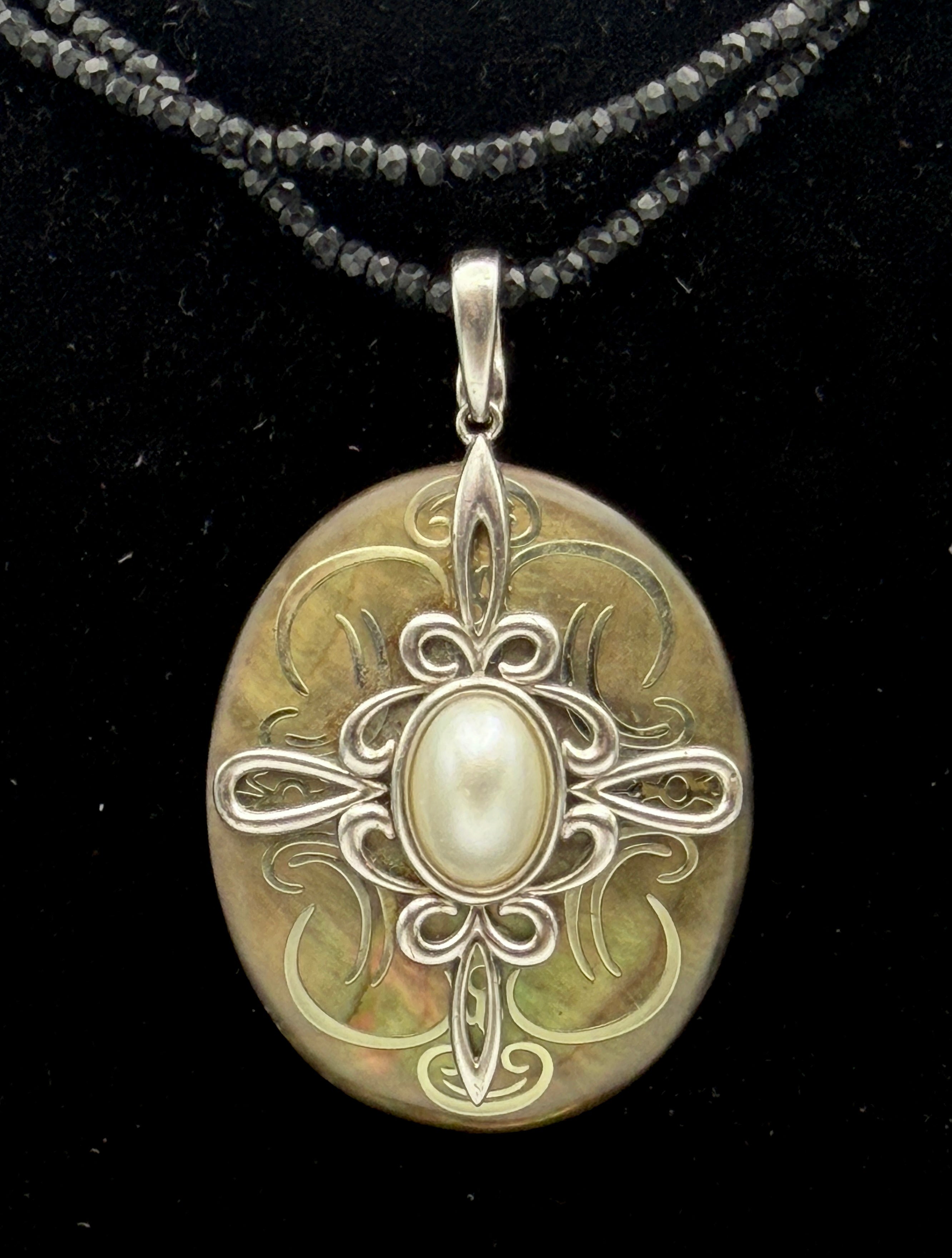 Vintage Abalone Shell Pendant Sterling Silver with Black Beaded Necklace- 36"