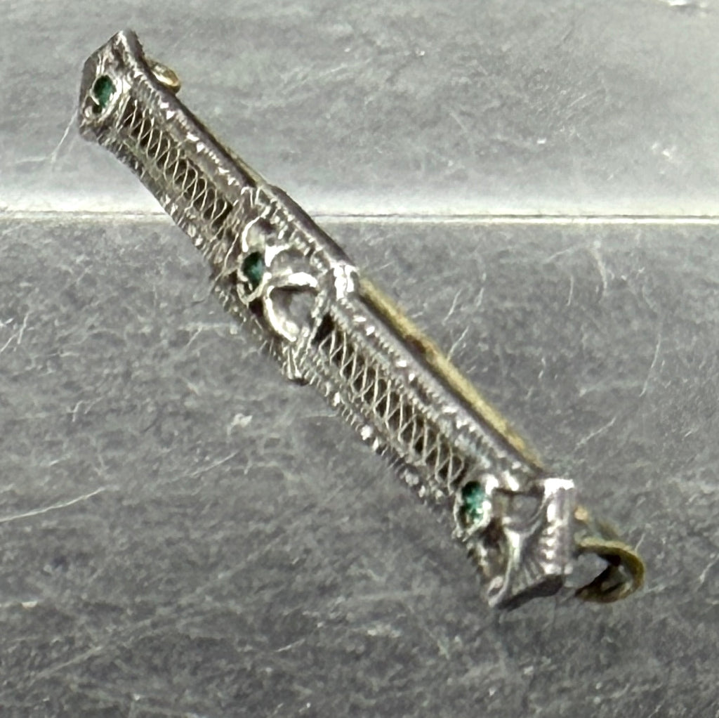 Vintage Sterling Silver with Green Crystals Bar Pin