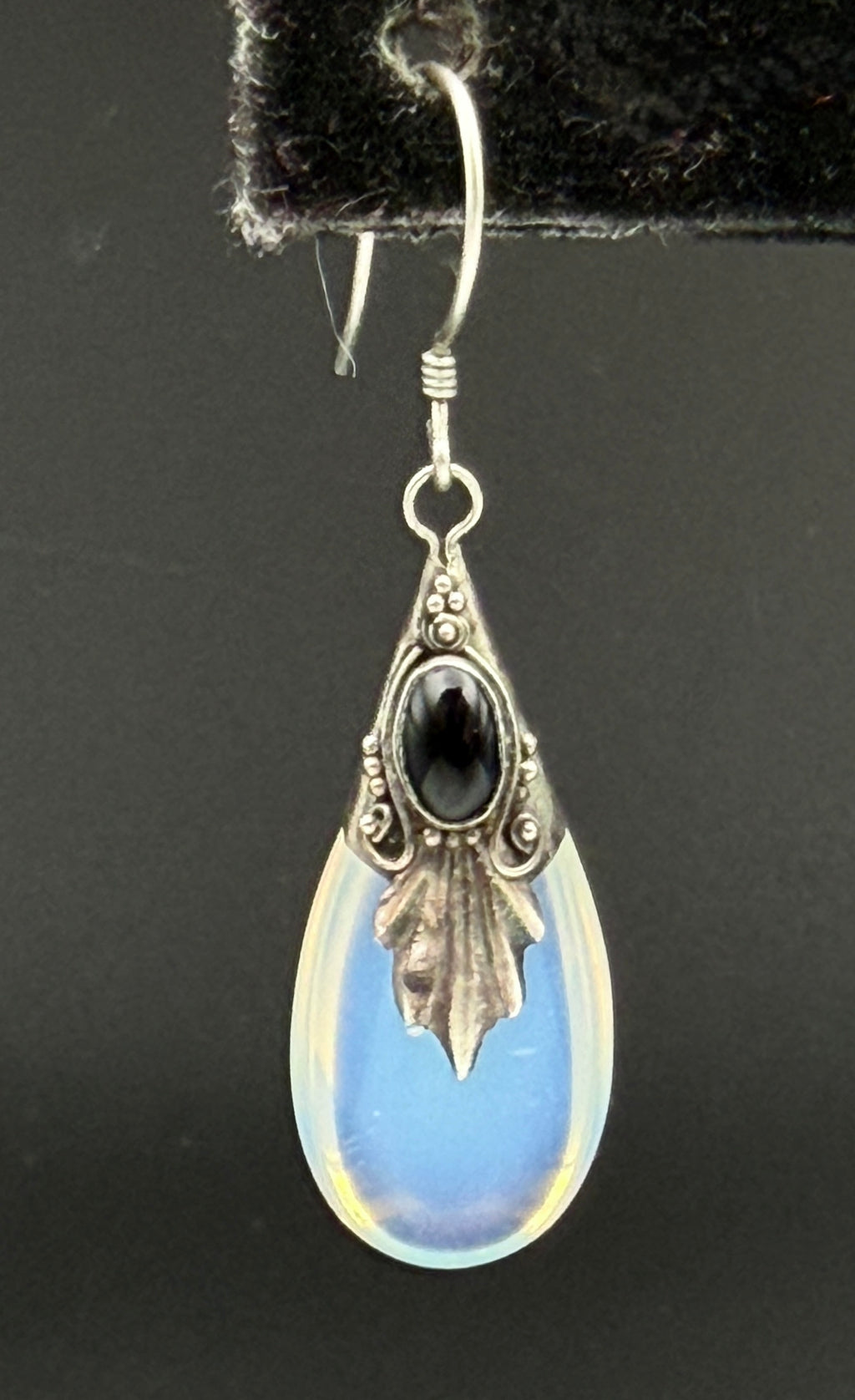 Vintage Opalite Teadrop with Black Onyx Sterling Silver Dangle Earrings