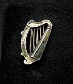 Antique Handmade Connemara Marble Harp Silver Brooch