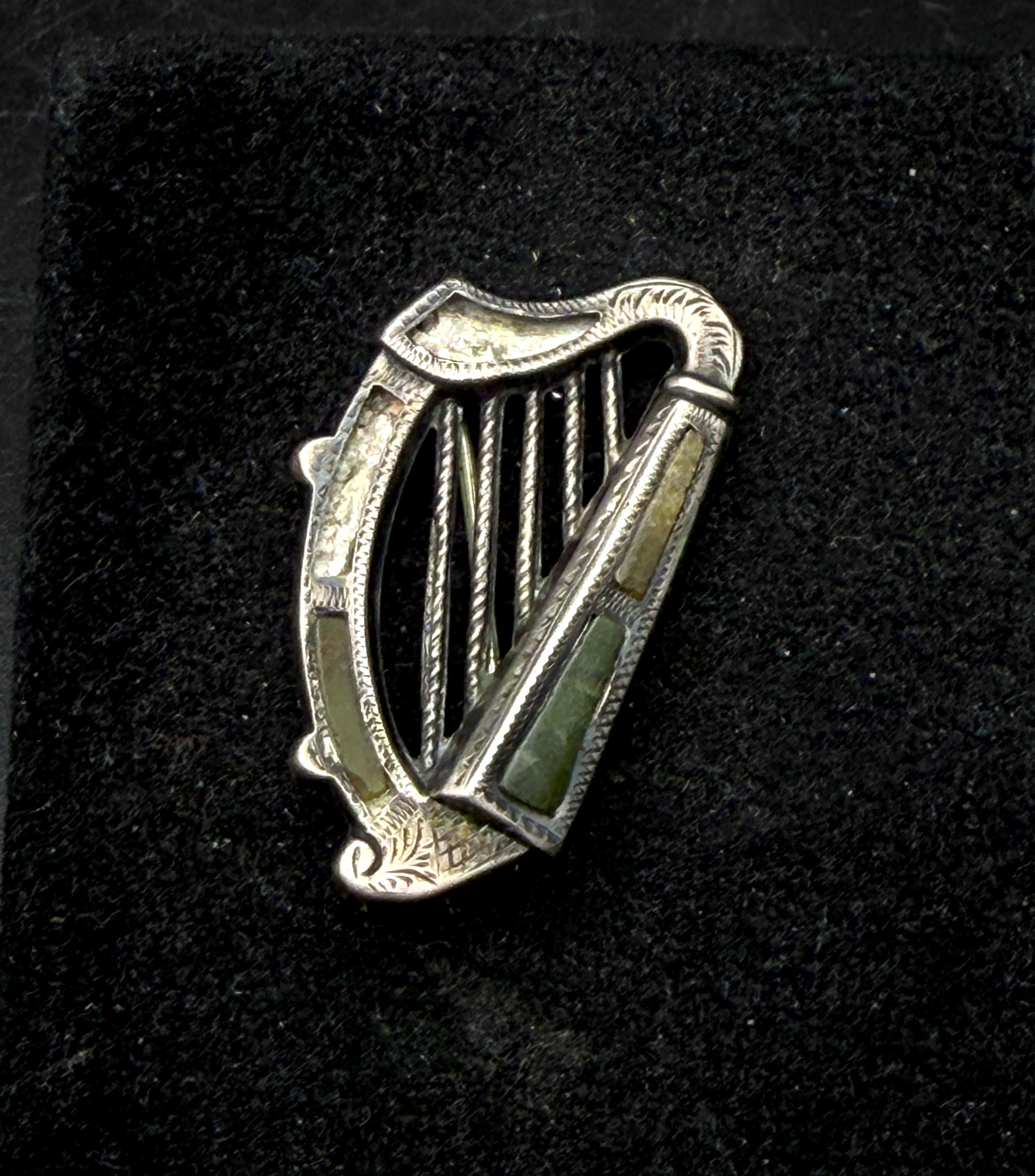 Antique Handmade Connemara Marble Harp Silver Brooch