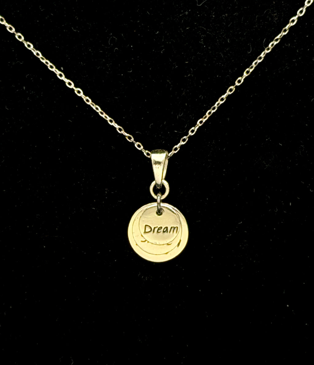 Vintage "Dream, Smile, Laugh" Gold Tone Pendant Sterling Silver Pendant Chain Necklace - 18"