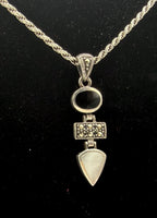Vintage Black Onyx, Marcasite and Mother of Pearl Pendant on Italian Chain Sterling Silver Necklace - 16"