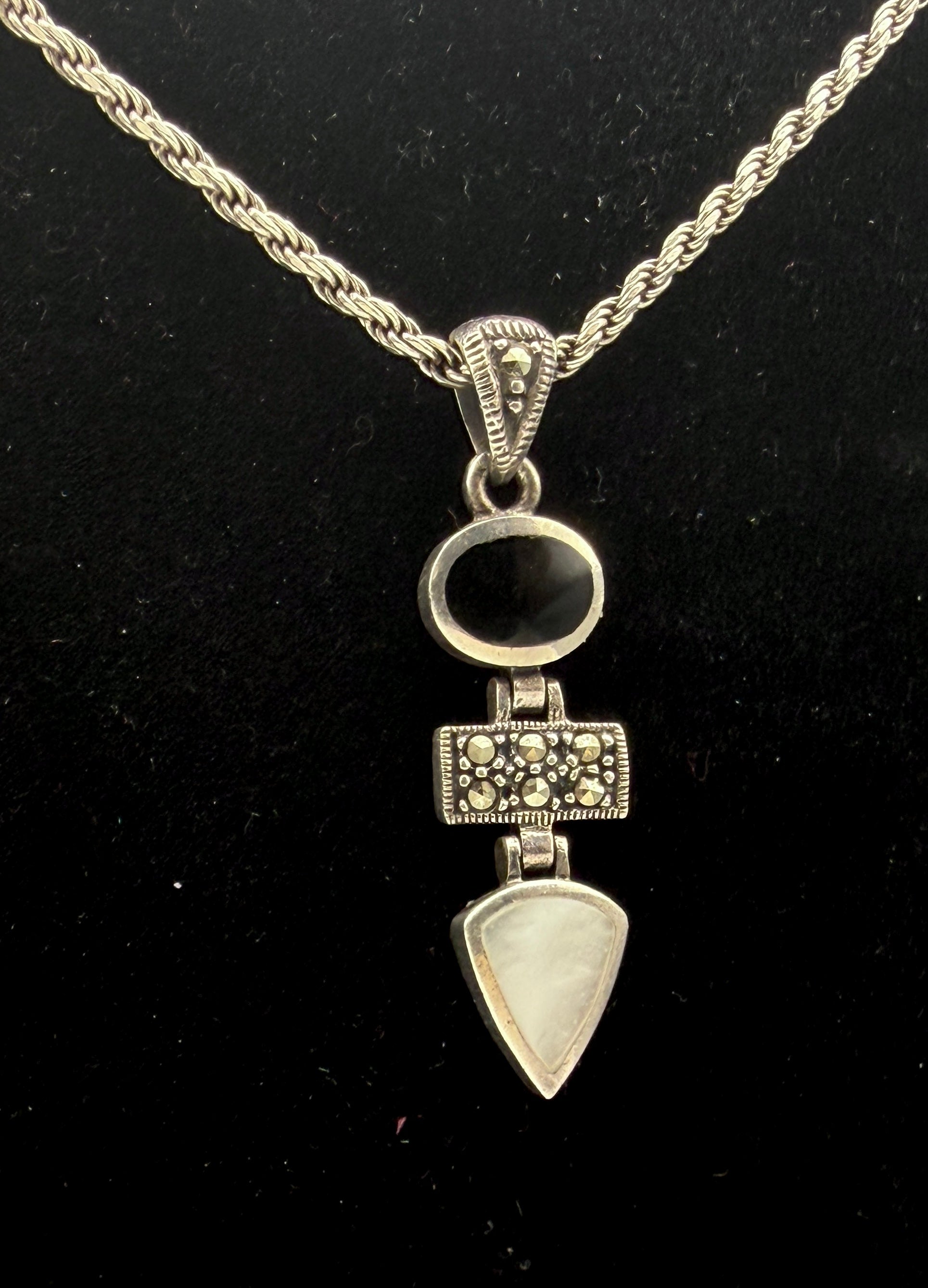 Vintage Black Onyx, Marcasite and Mother of Pearl Pendant on Italian Chain Sterling Silver Necklace - 16"