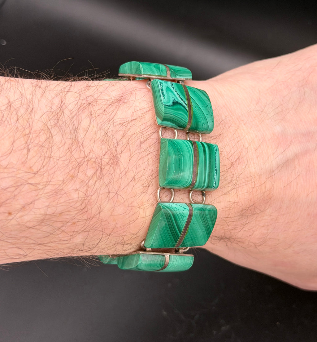 Vintage Handmade Mexican Sterling Silver & Malachite Panel Bracelet - 6.75"