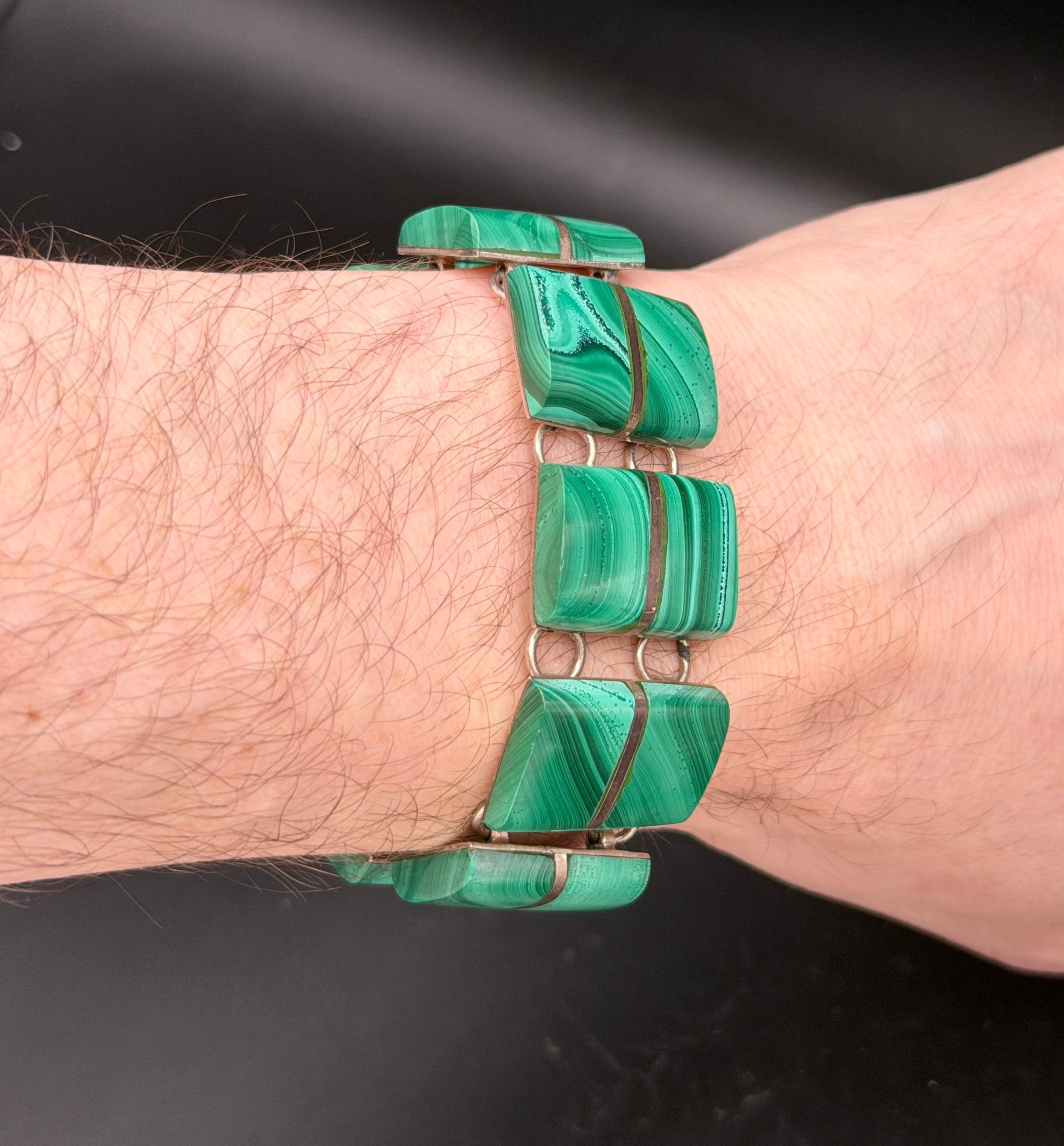 Vintage Handmade Mexican Sterling Silver & Malachite Panel Bracelet - 6.75"