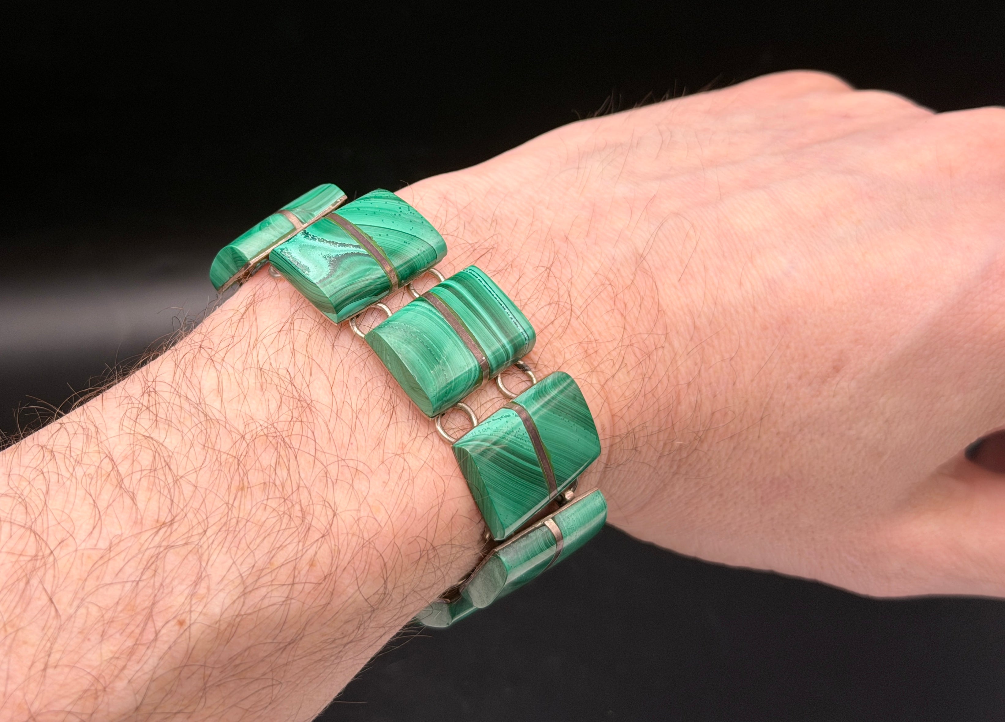 Vintage Handmade Mexican Sterling Silver & Malachite Panel Bracelet - 6.75"