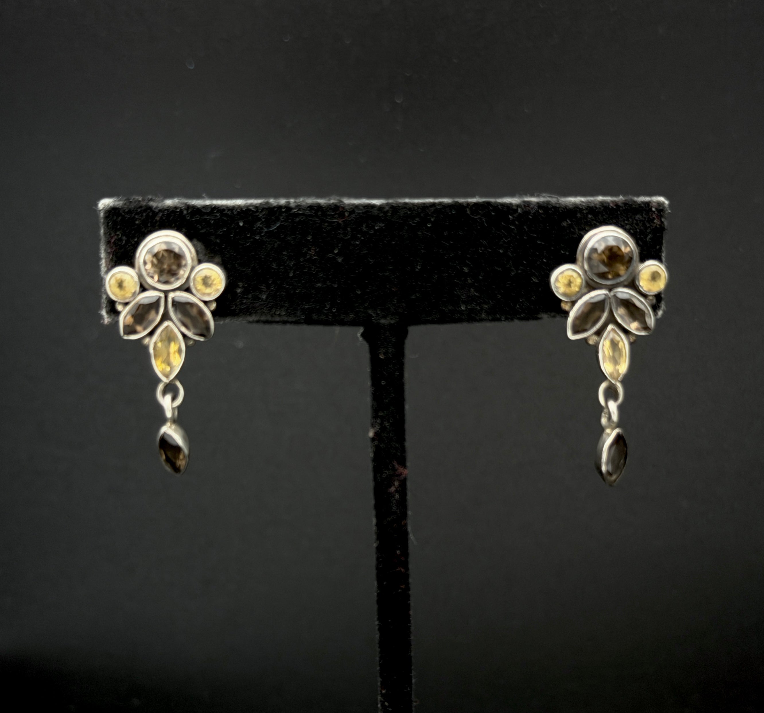 Vintage Smoky Quartz and Citrine Sterling Silver Earrings
