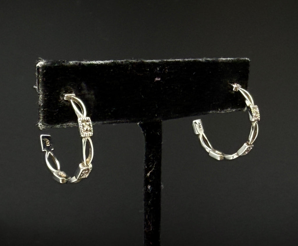 Vintage Sterling Silver and Diamonds Open Hoop Earrings