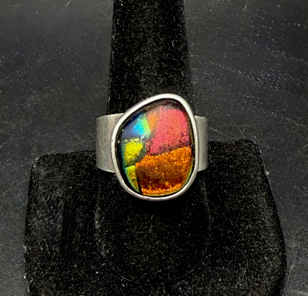 Vintage Handmade Sterling Silver Dichroic Glass Ring - Size 9.25
