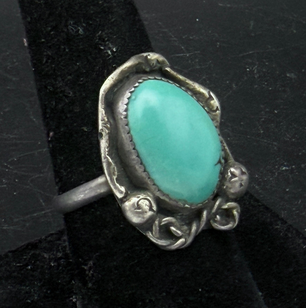Vintage Handmade Green Turquoise Sterling Silver Abstract Ring - Size 8.5