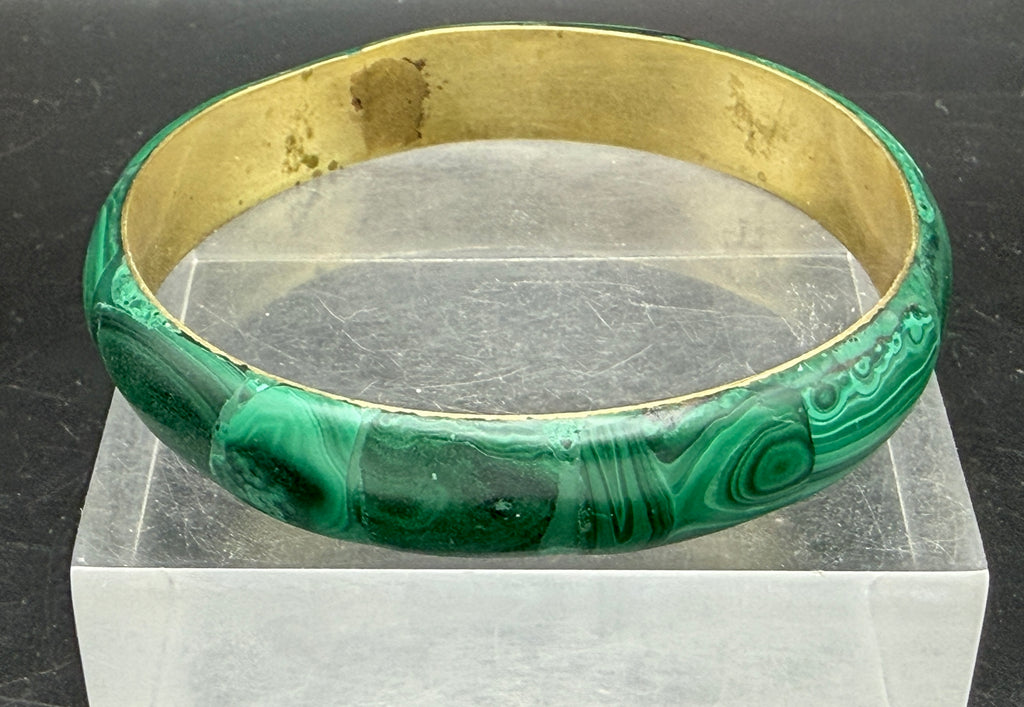 Vintage Handmade Malachite Inlaid Brass Wide Bangle Bracelet