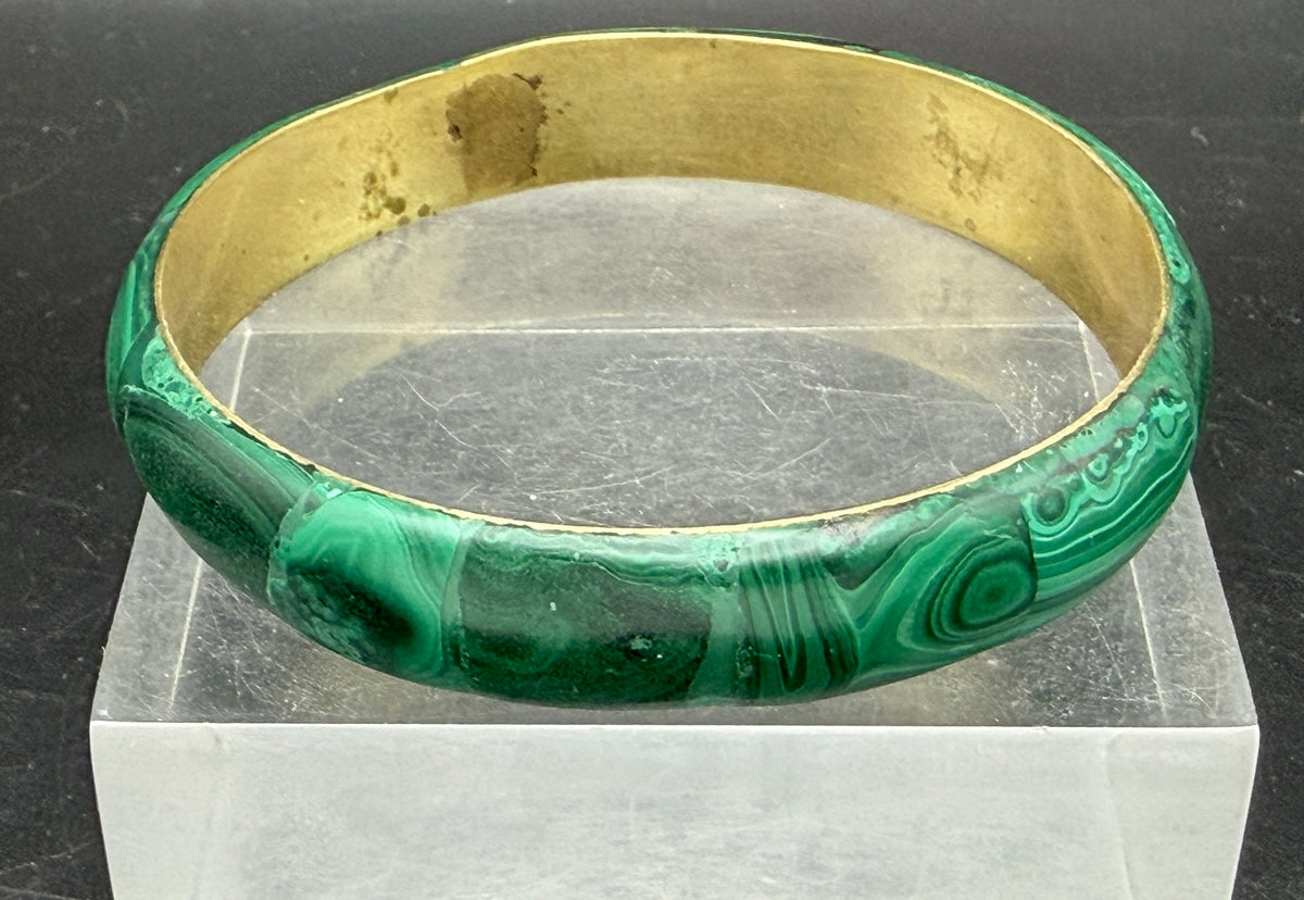 Vintage Handmade Malachite Inlaid Brass Wide Bangle Bracelet