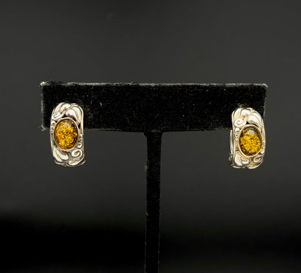 Vintage Amber Sterling Silver Huggie Earrings