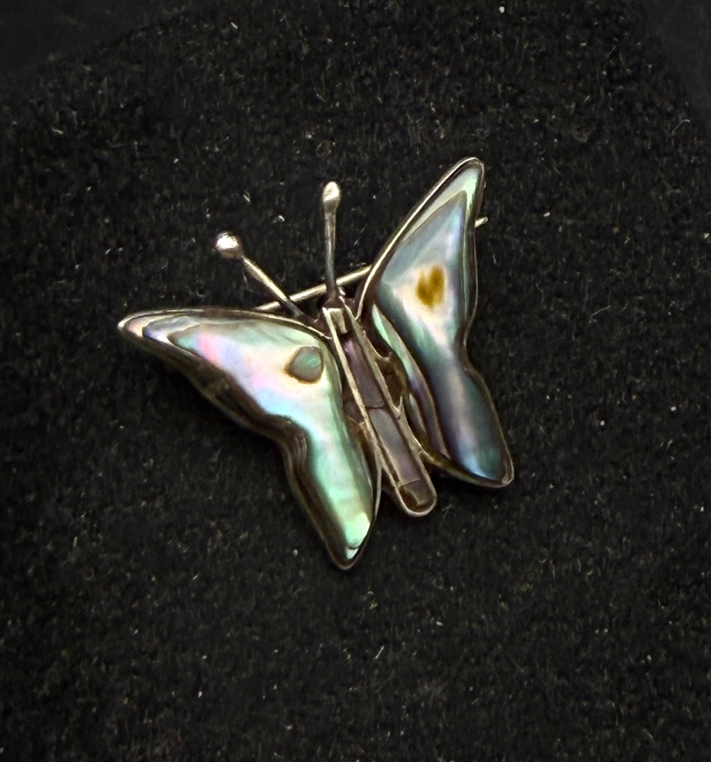 Vintage Handmade Sterling Silver and Abalone Shell Butterfly Brooch