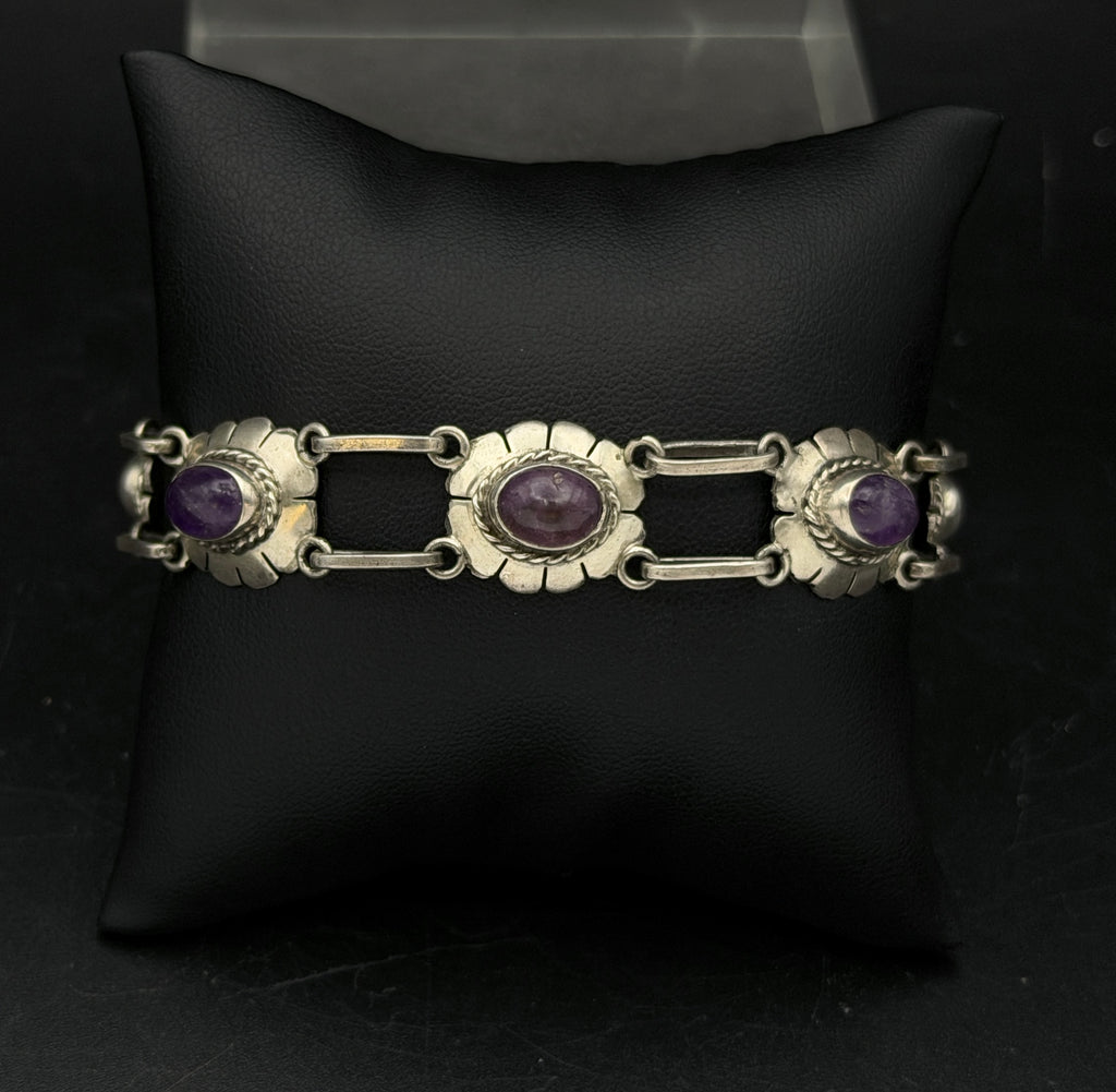 Vintage Handmade Amethyst Sterling Silver Link Bracelet - 8"