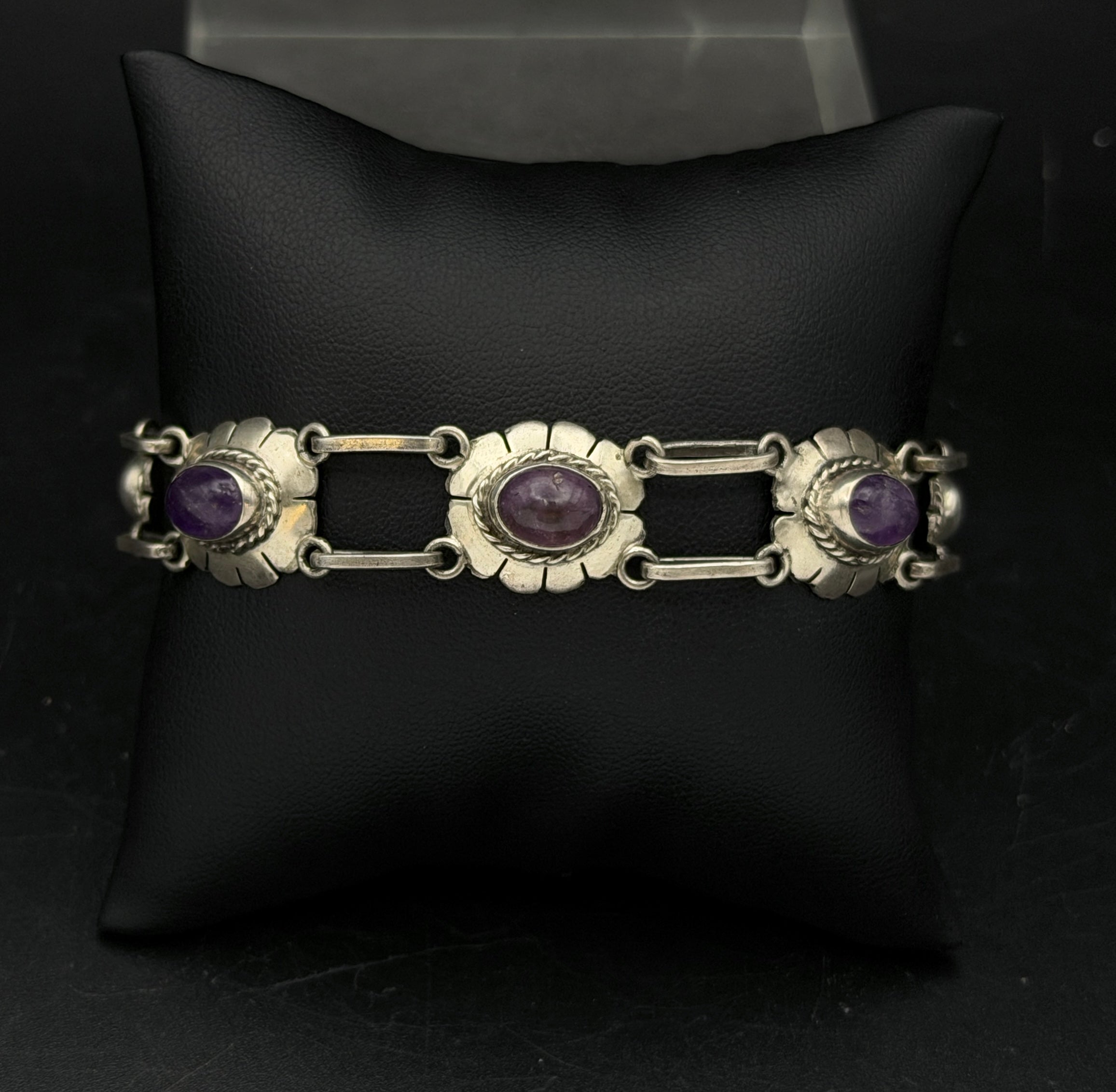 Vintage Handmade Amethyst Sterling Silver Link Bracelet - 8"