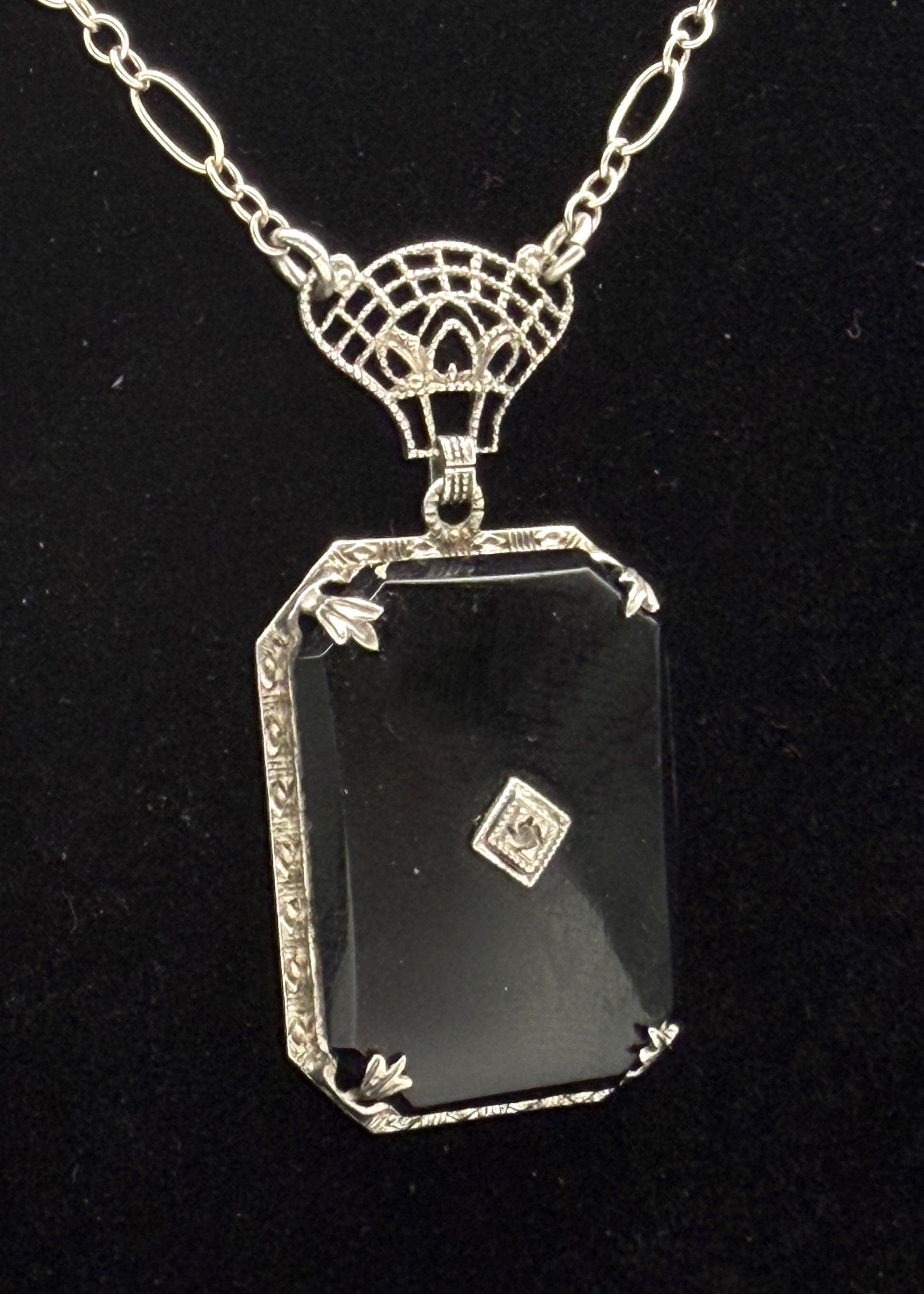 Vintage Black Glass with Diamond Macle Pendant Necklace Sterling Silver Chain Necklace - 23"