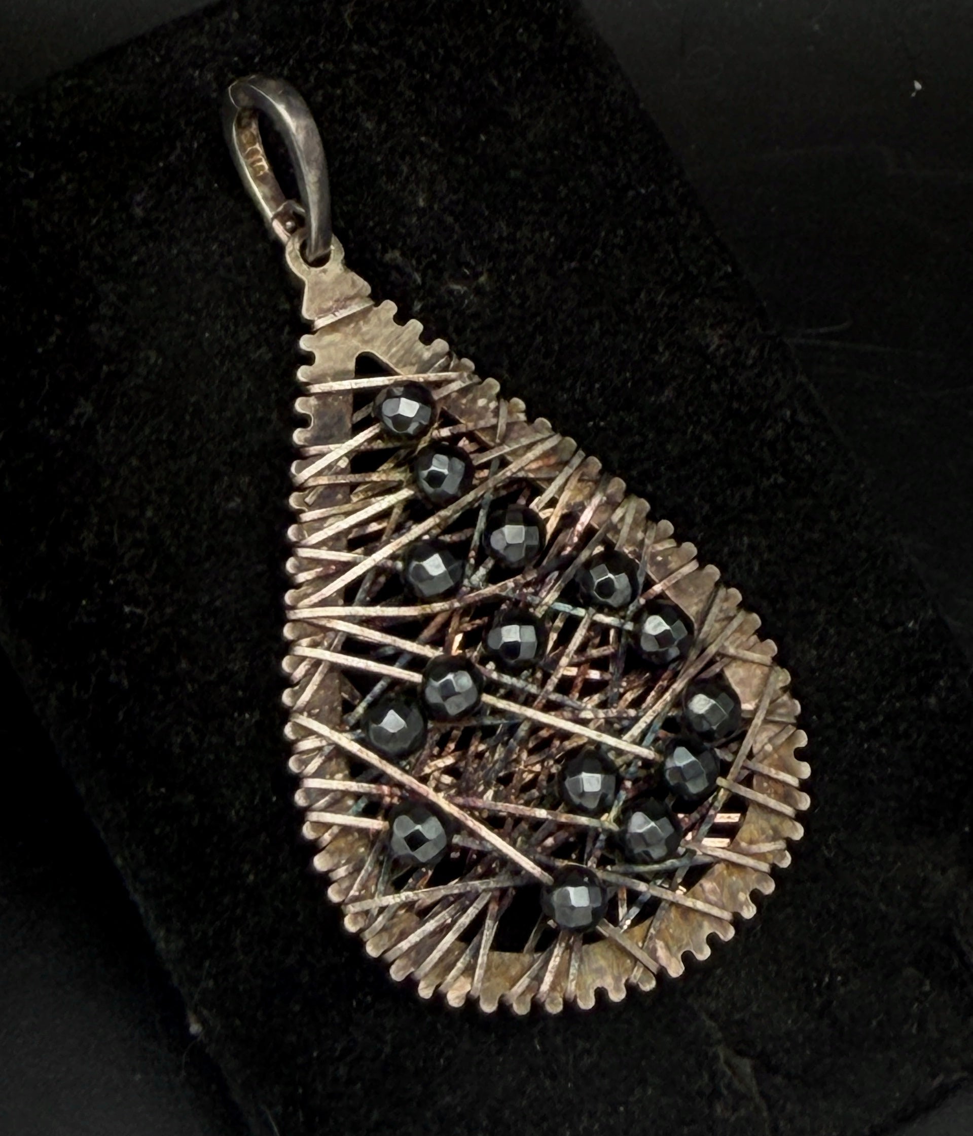 Milor - Vintage Sterling Silver Hematite Bead Brutalist Wire Wrapped Pendant