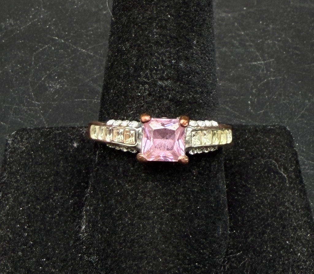Vintage Silver Plated Pink Crystal Glass Ring - Size 9
