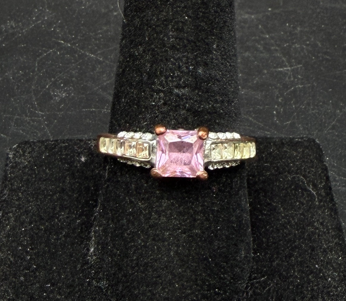 Vintage Silver Plated Pink Crystal Glass Ring - Size 9
