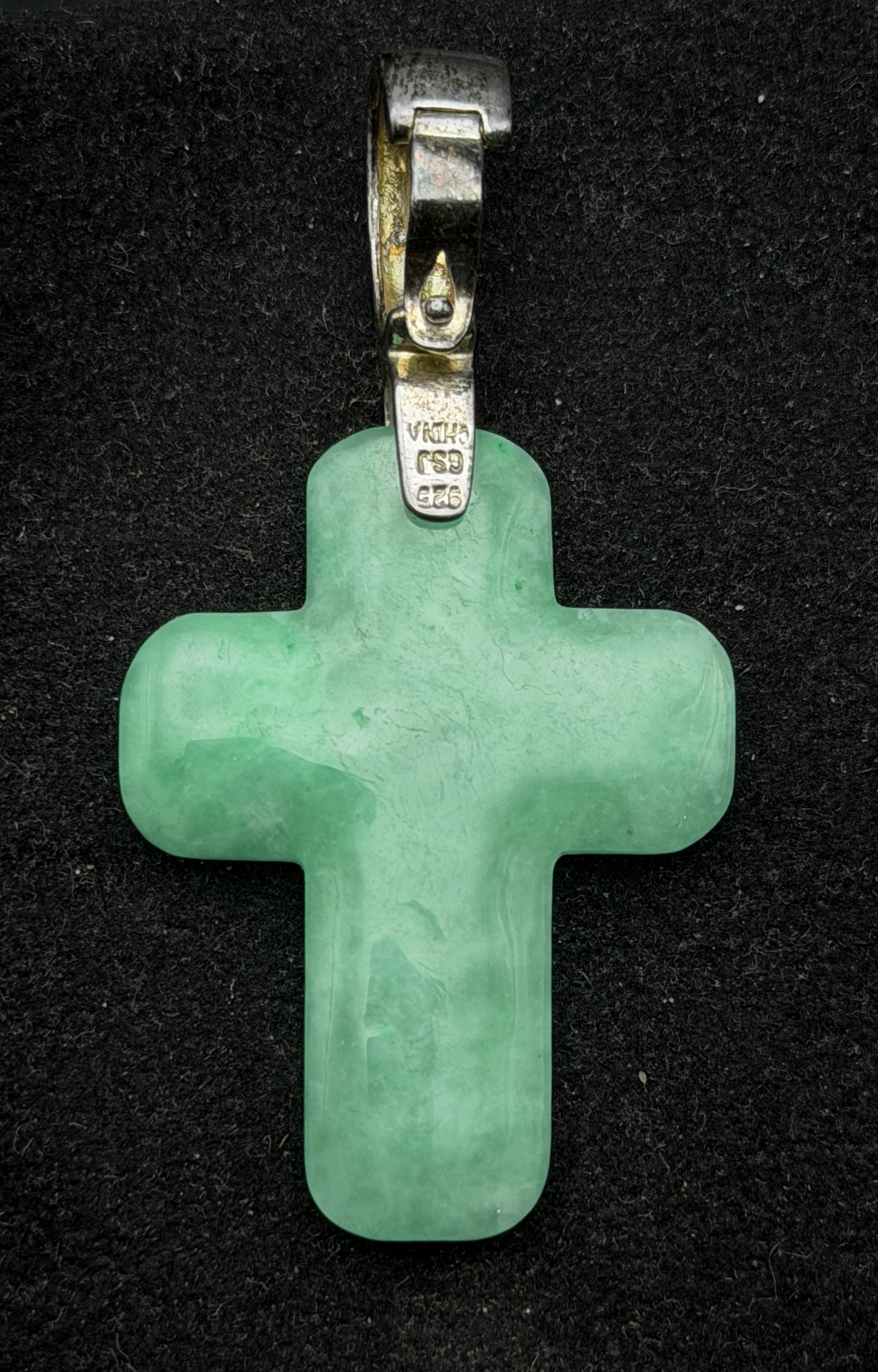 Vintage Carved Jade Cross Pendant with Sterling Silver Hinged Bail