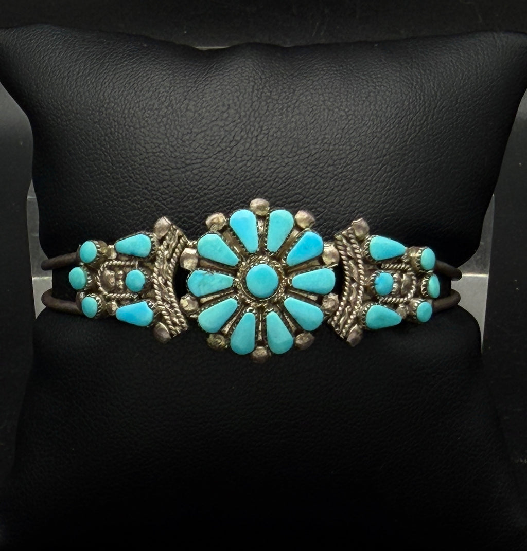 Vintage Handmade Zuni Floral Petit Point Turquoise Sterling Silver Cuff Bracelet