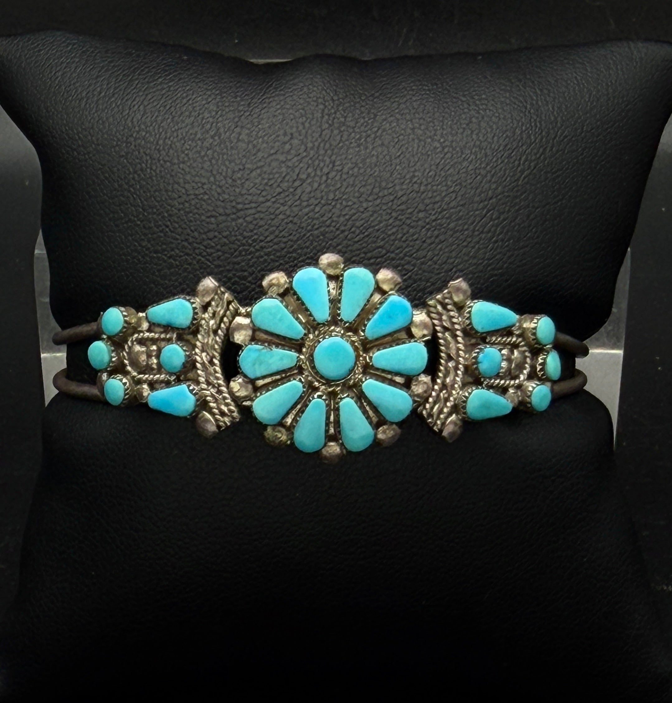 Vintage Handmade Zuni Floral Petit Point Turquoise Sterling Silver Cuff Bracelet