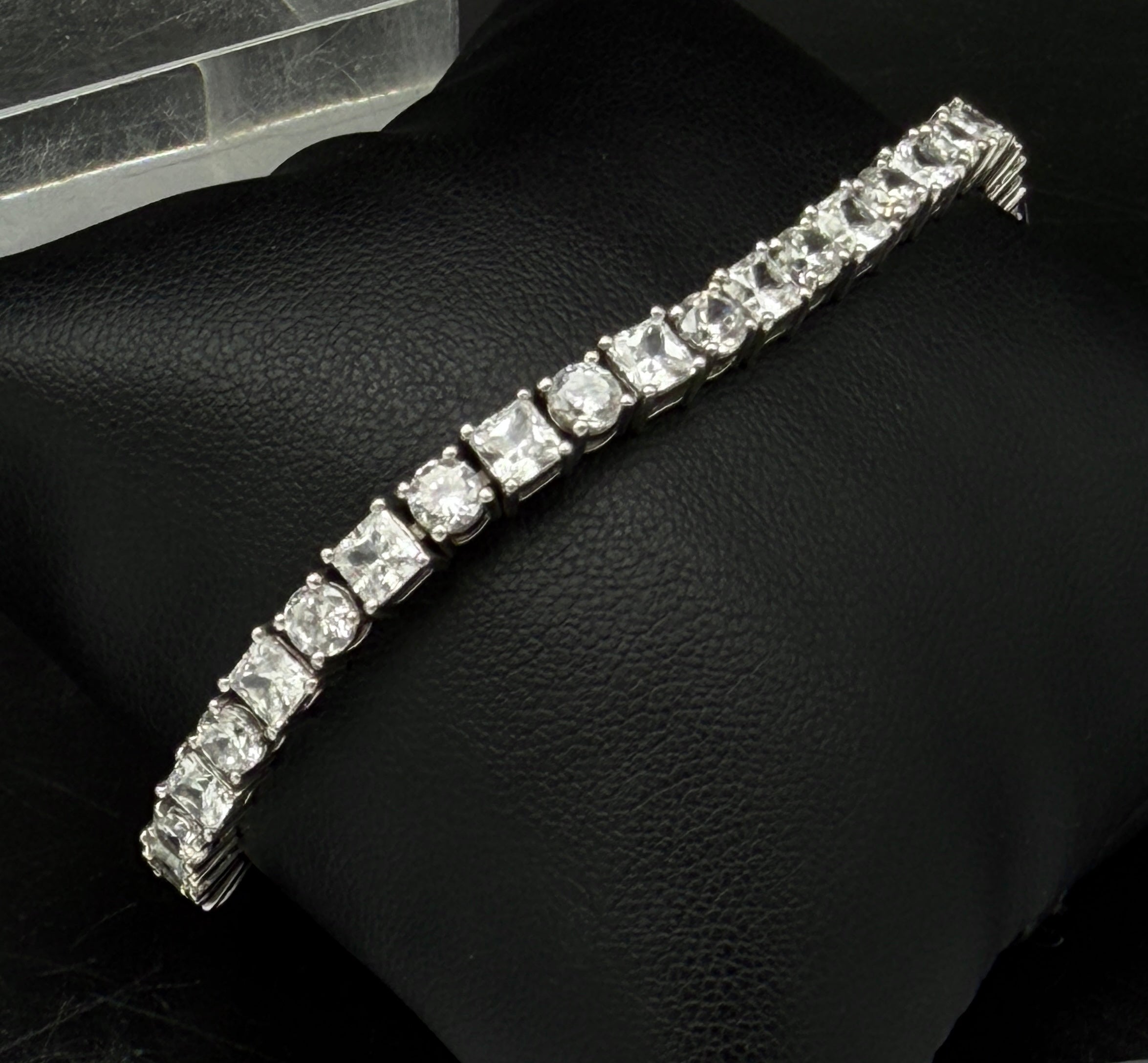 Vintage Princess and Round Cut CZ Sterling Silver Tennis Bracelet - 8"