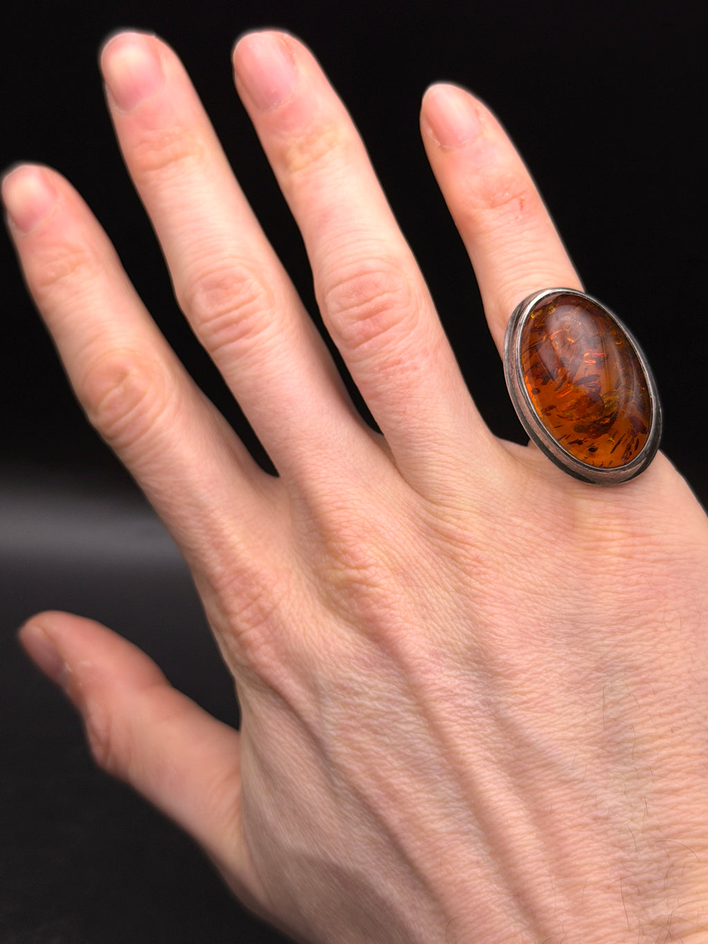 Vintage Handmade Sterling Silver Large Amber Ring - Size 6
