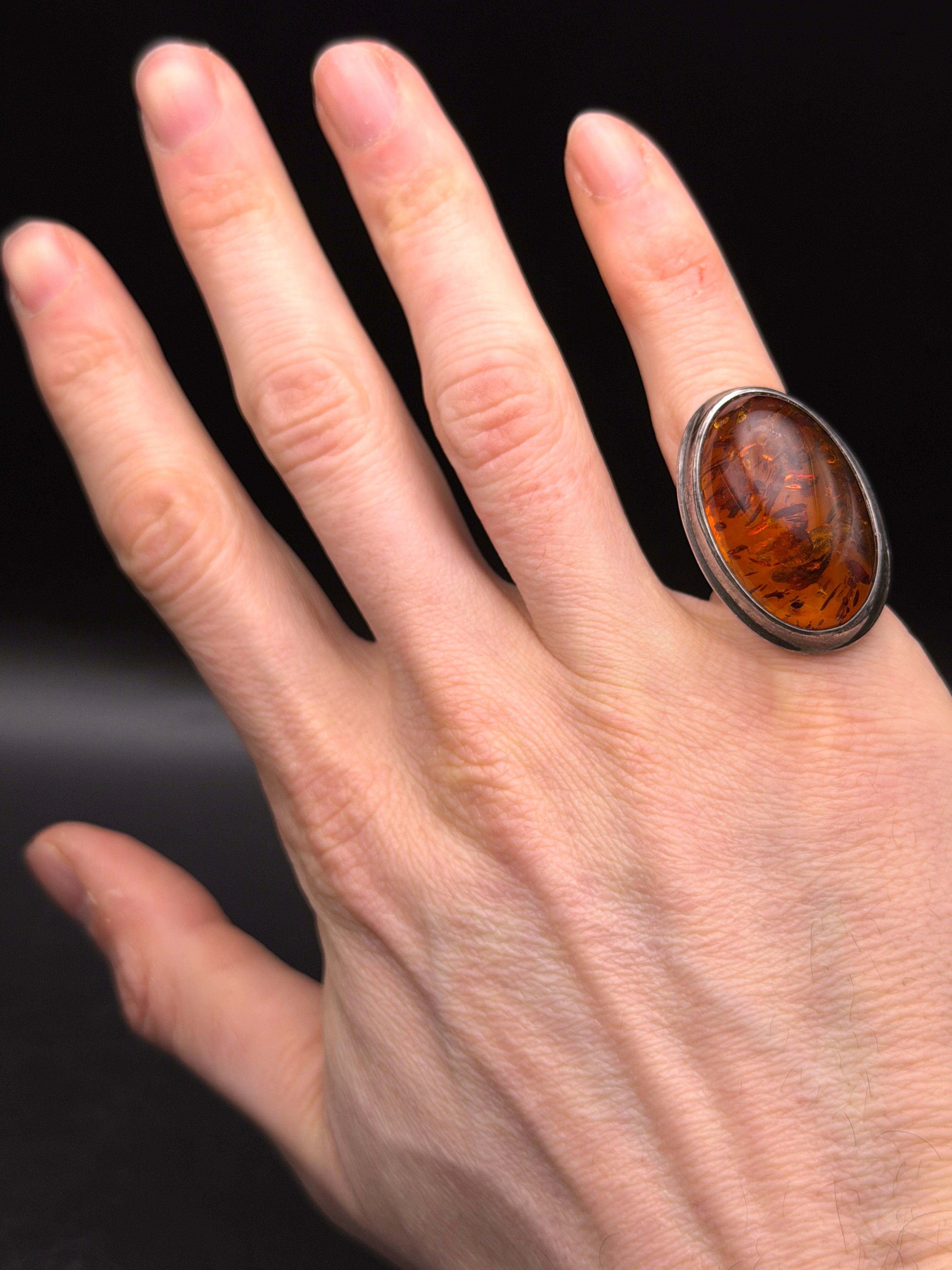 Vintage Handmade Sterling Silver Large Amber Ring - Size 6