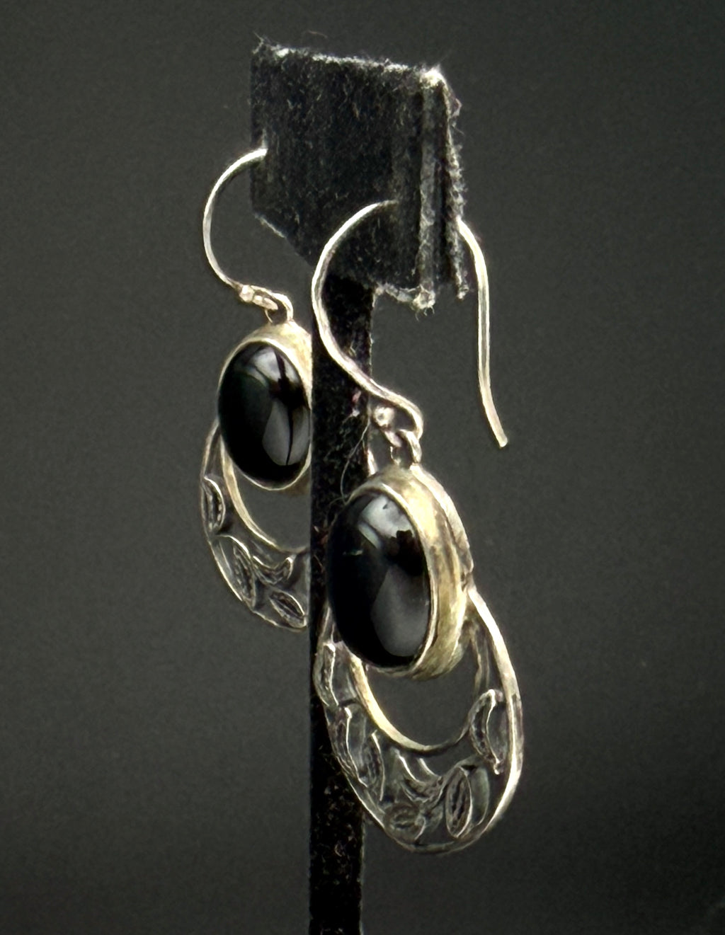Vintage Sterling Silver Black Onyx Handcrafted Dangle Earrings