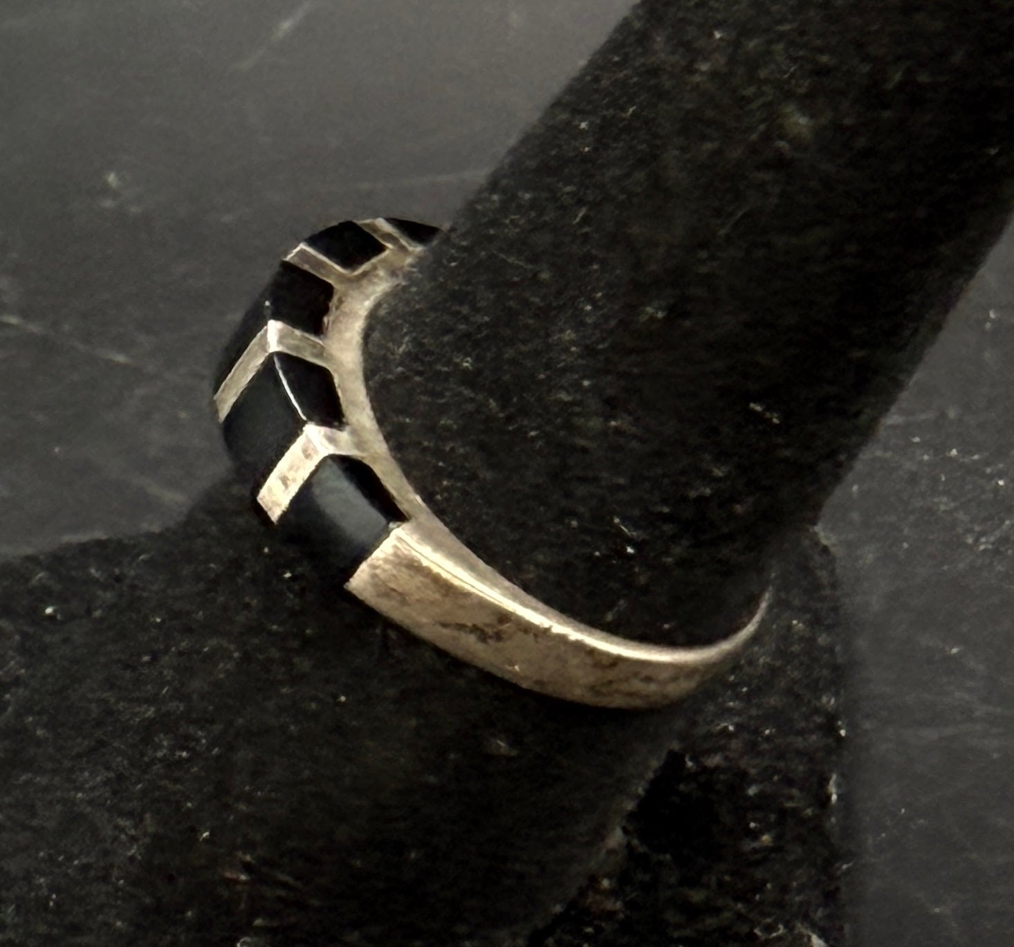 Vintage Handmade Inlaid Black Onyx Sterling Silver Band - Size 7.25