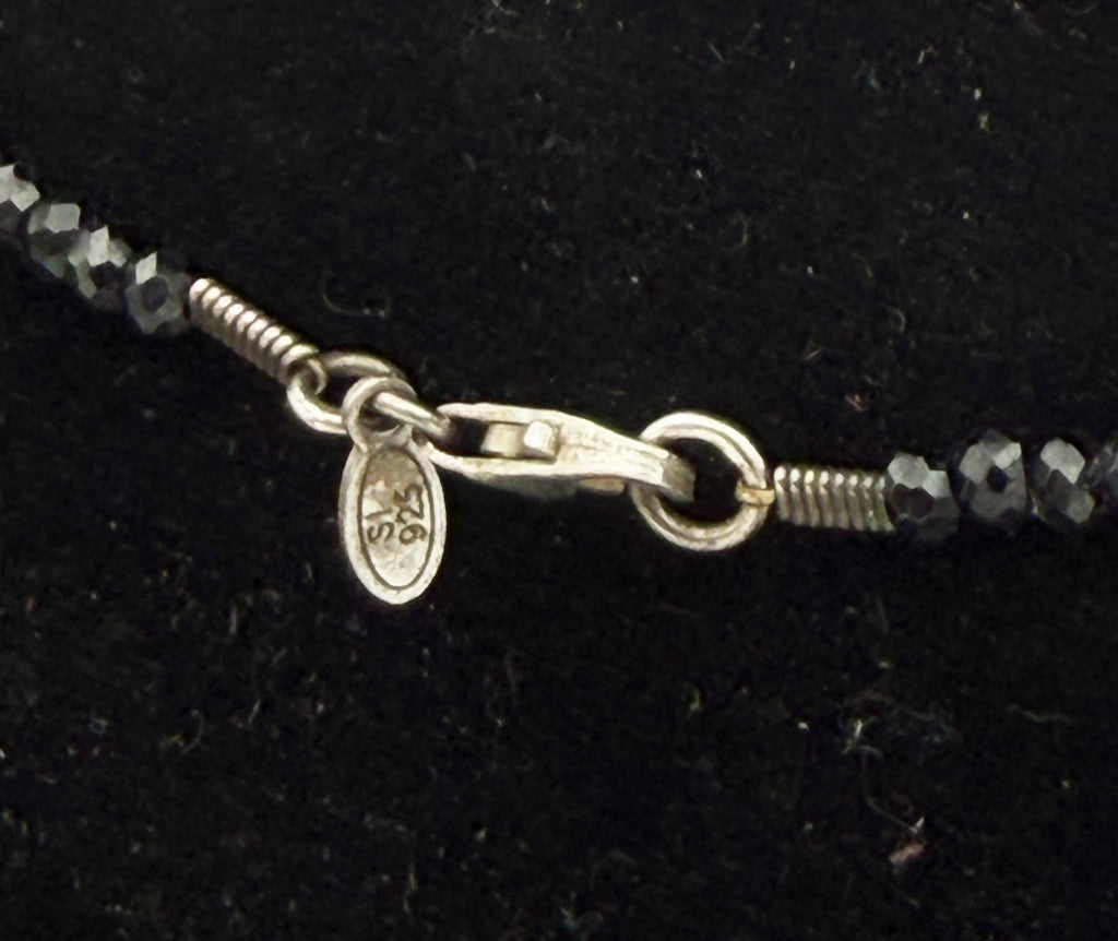 Vintage Abalone Shell Pendant Sterling Silver with Black Beaded Necklace- 36"