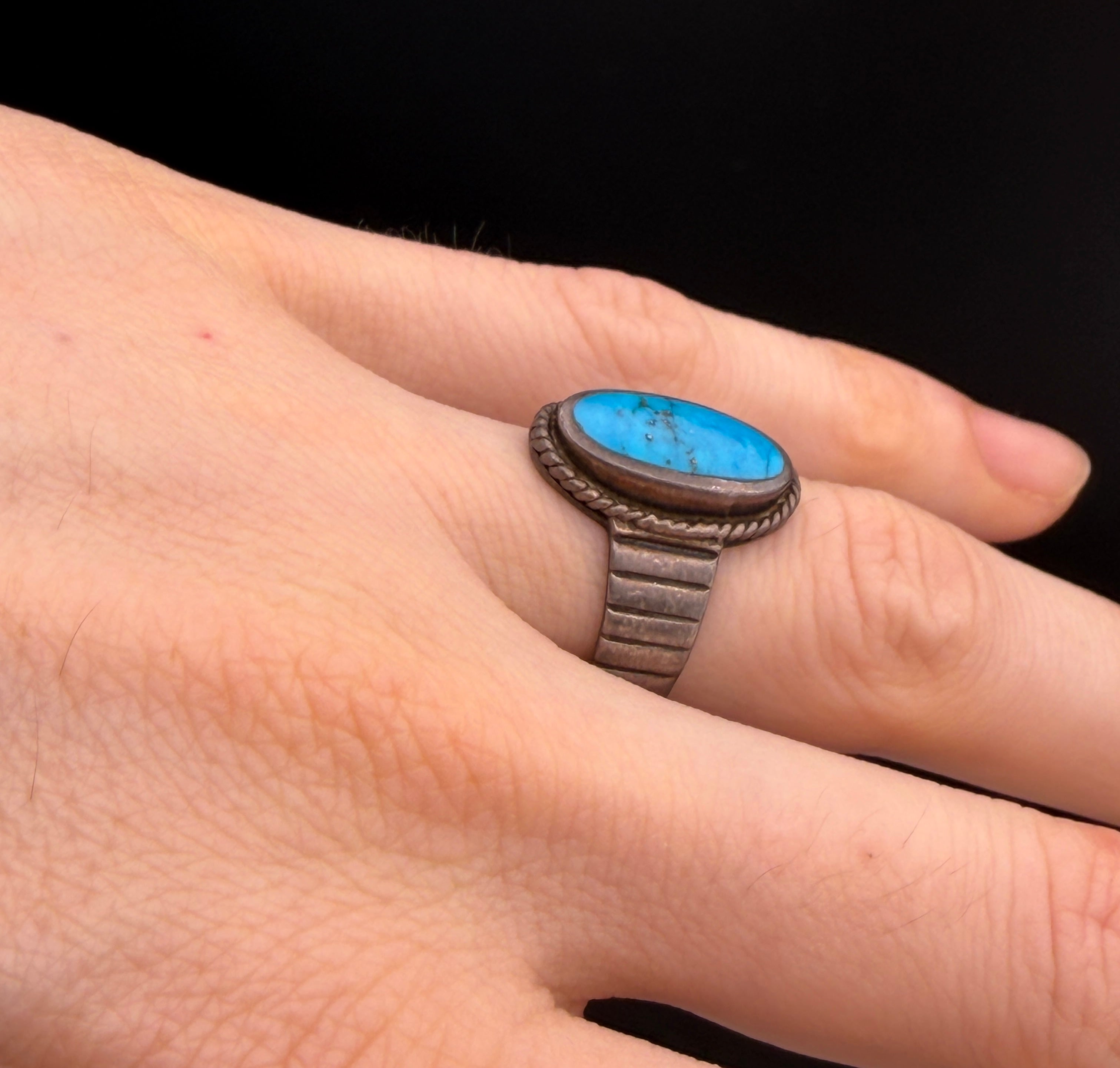 Vintage Turquoise with Pyrite Sterling Silver Ring - Size 9.25