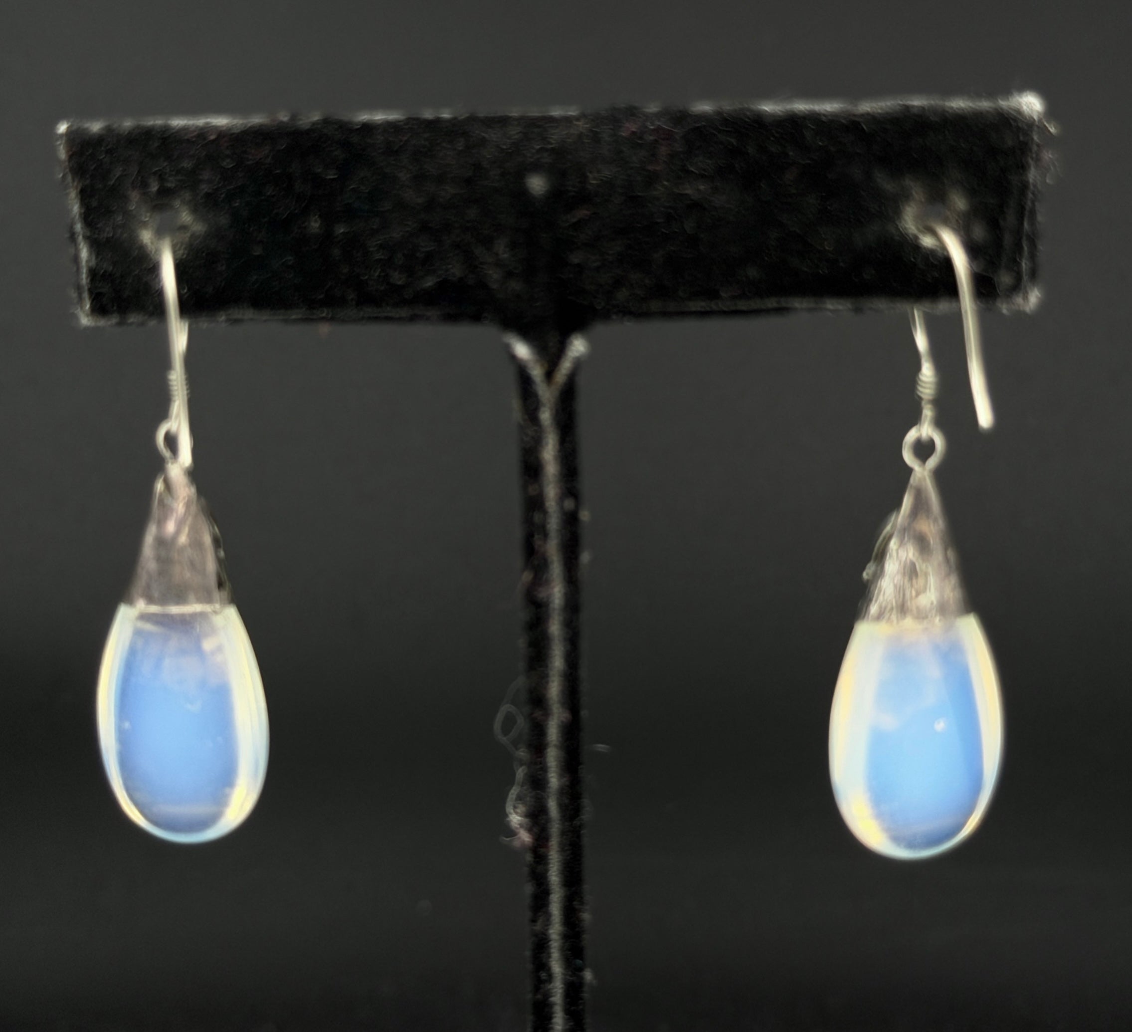 Vintage Opalite Teadrop with Black Onyx Sterling Silver Dangle Earrings