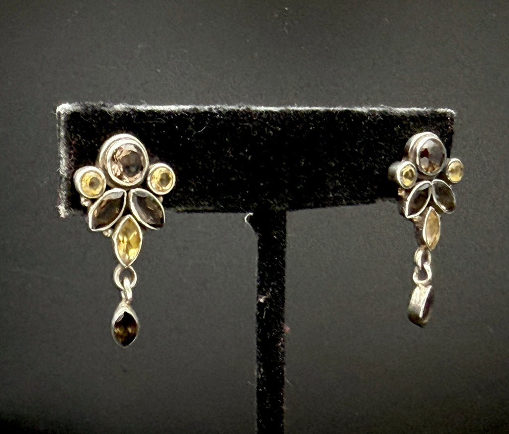 Vintage Smoky Quartz and Citrine Sterling Silver Earrings