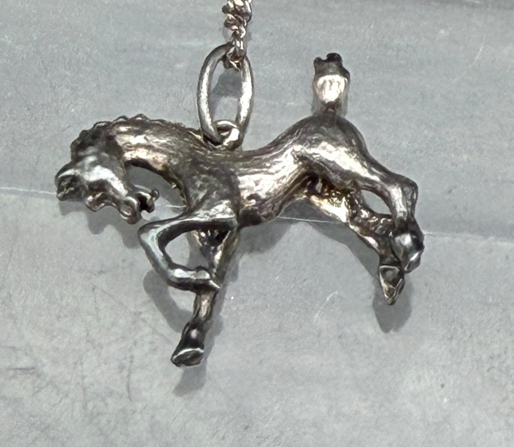 Vintage Sterling Silver Bucking Bronco Horse Pendant Chain Necklace - 16"
