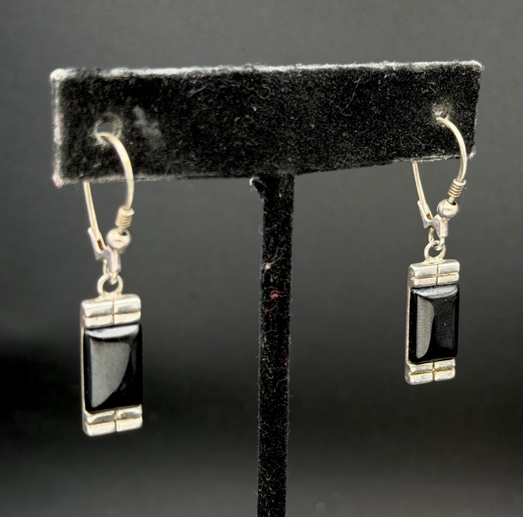 Vintage Sterling Silver Black Onyx Dangle Earrings