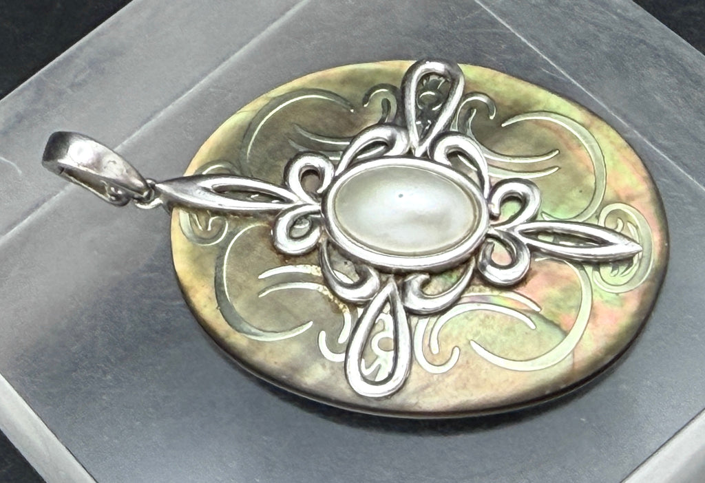 Vintage Abalone Shell Pendant Sterling Silver with Black Beaded Necklace- 36"