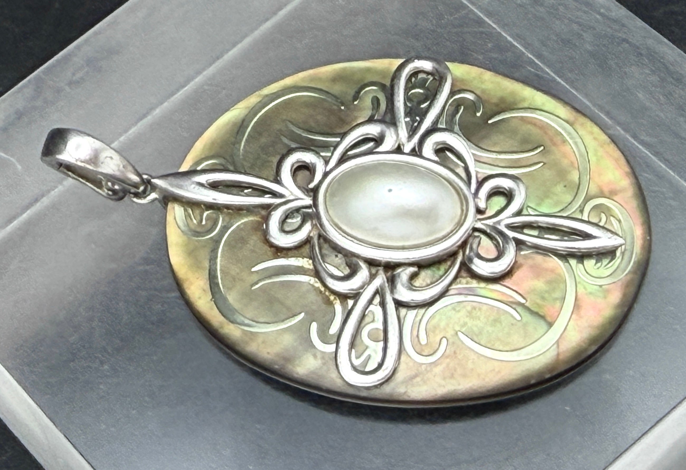 Vintage Abalone Shell Pendant Sterling Silver with Black Beaded Necklace- 36"