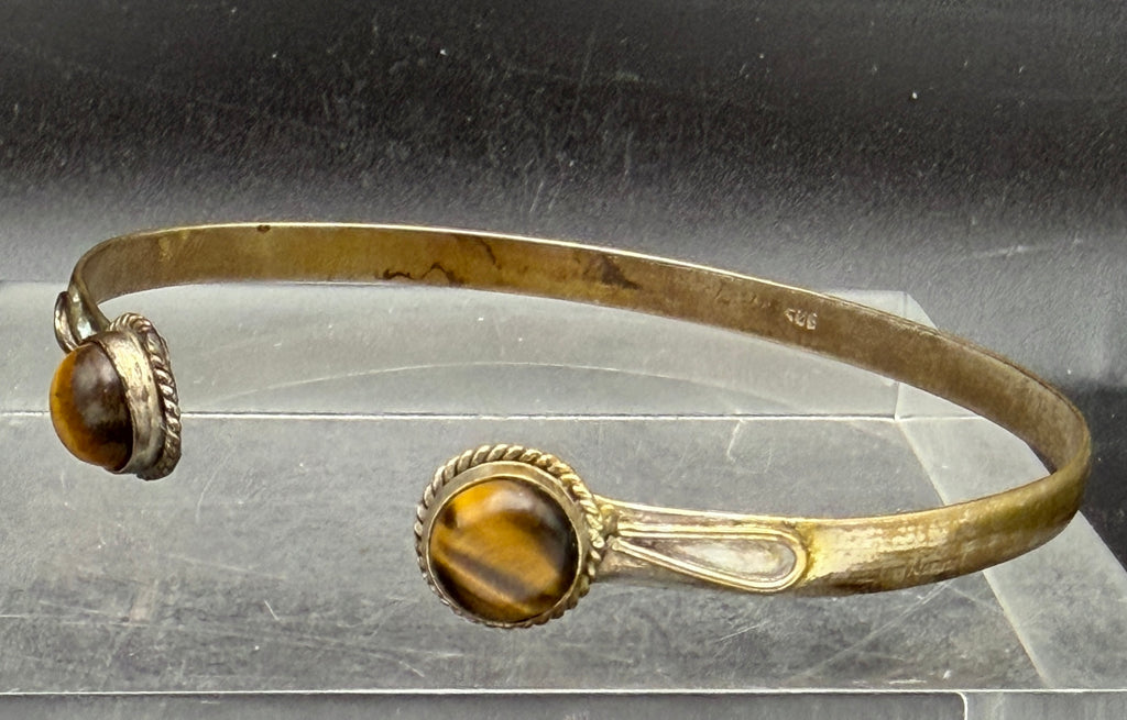 Vintage Handmade Tiger's Eye Silver Plated Open Bangle Bracelet