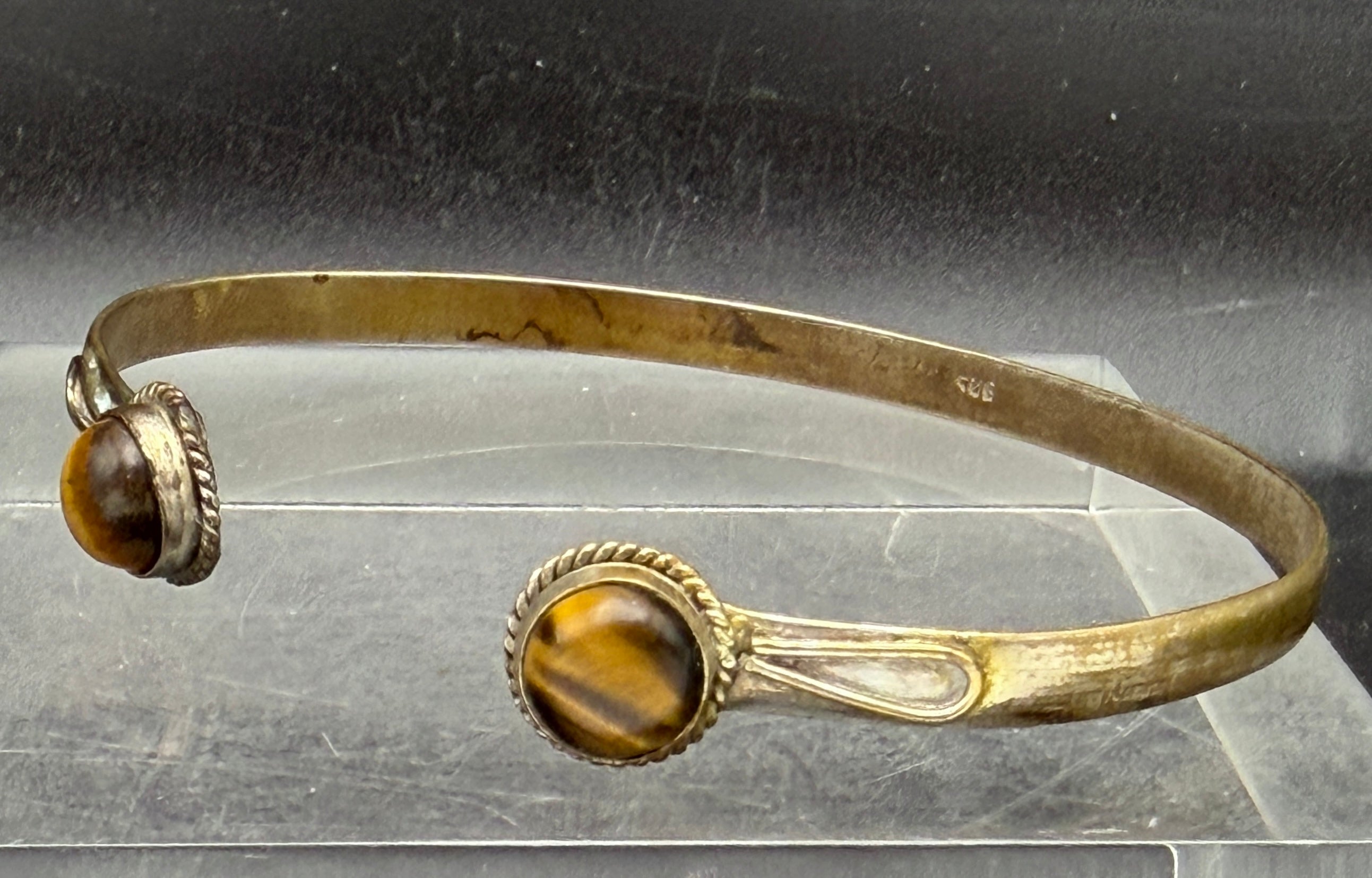 Vintage Handmade Tiger's Eye Silver Plated Open Bangle Bracelet