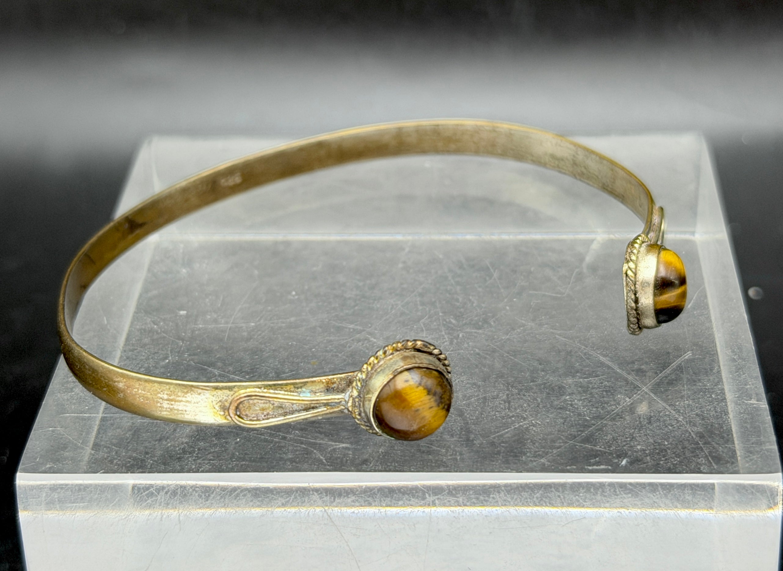 Vintage Handmade Tiger's Eye Silver Plated Open Bangle Bracelet
