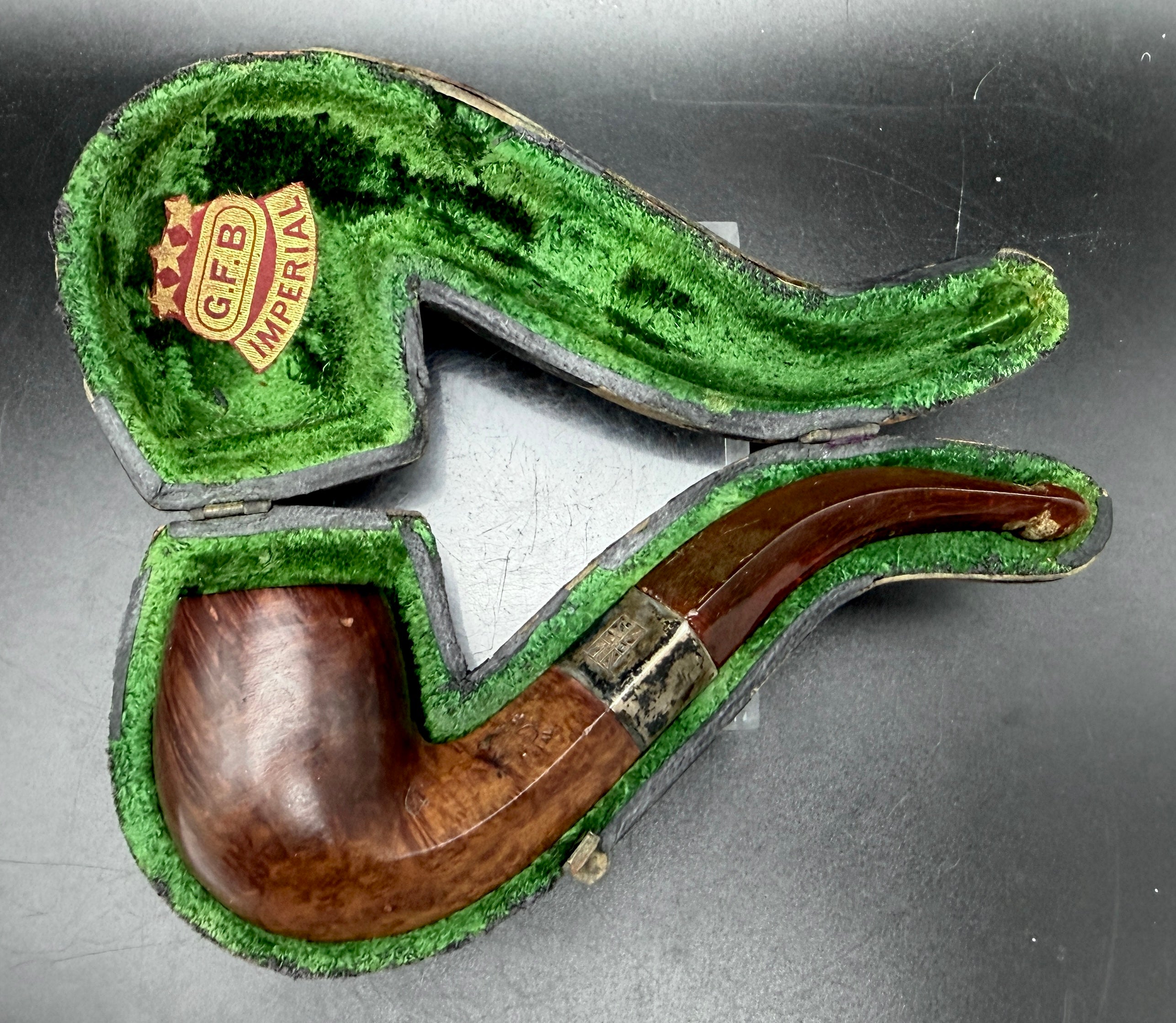 G.F.B. - Antique "Imperial" Bent Egg Pipe with Sterling Band, Amber Stem, Leather Case