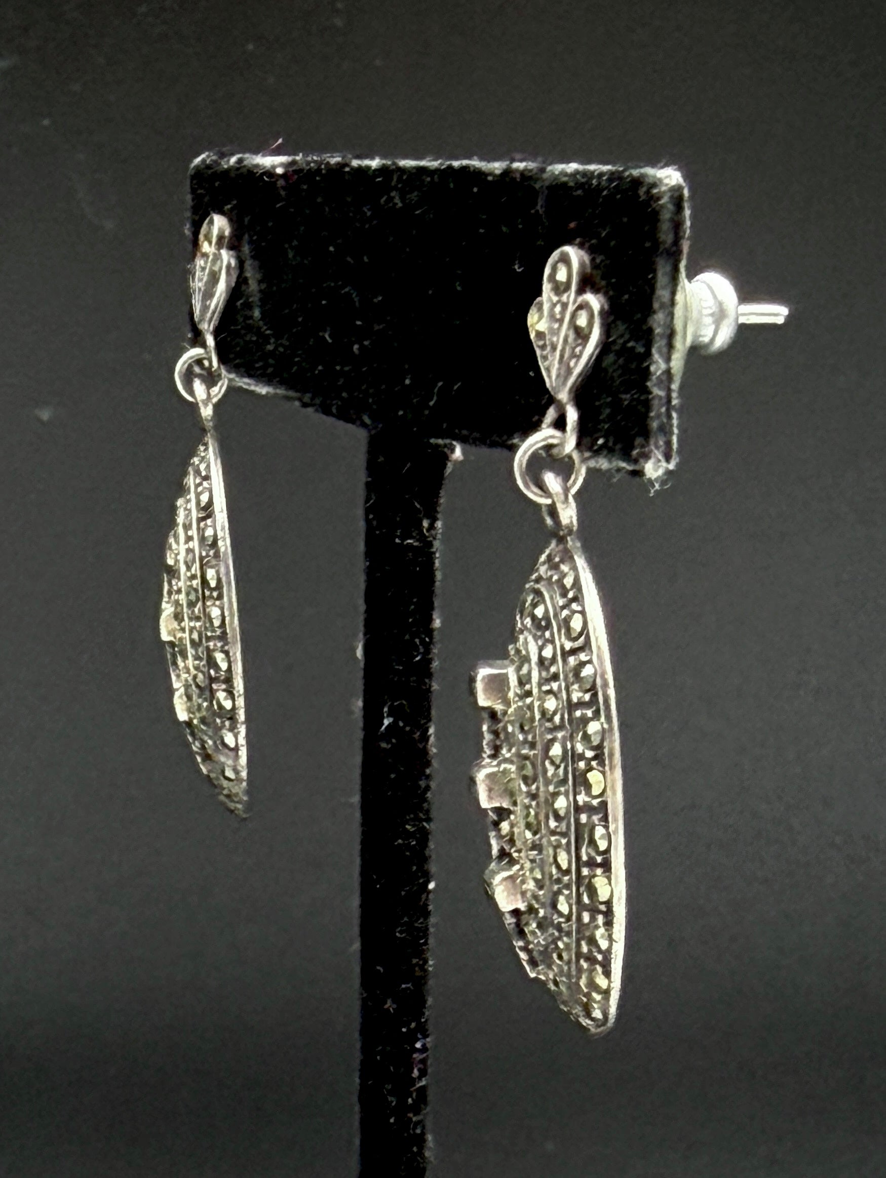 Vintage Sterling Silver Marcasite and Black Onyx Dangle Earrings