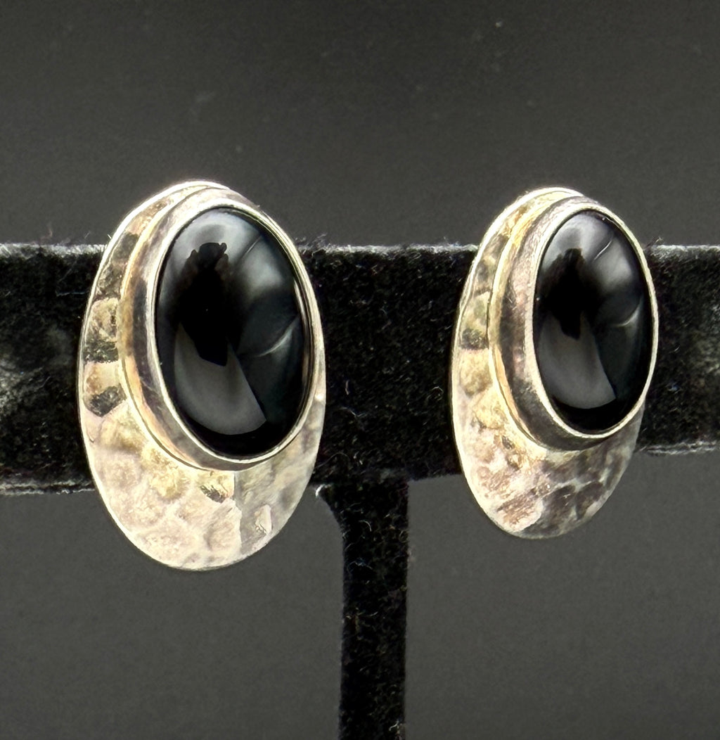 Vintage Hammered Sterling Silver Black Onyx Clip On Earrings