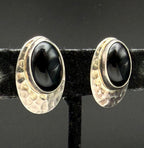 Vintage Hammered Sterling Silver Black Onyx Clip On Earrings