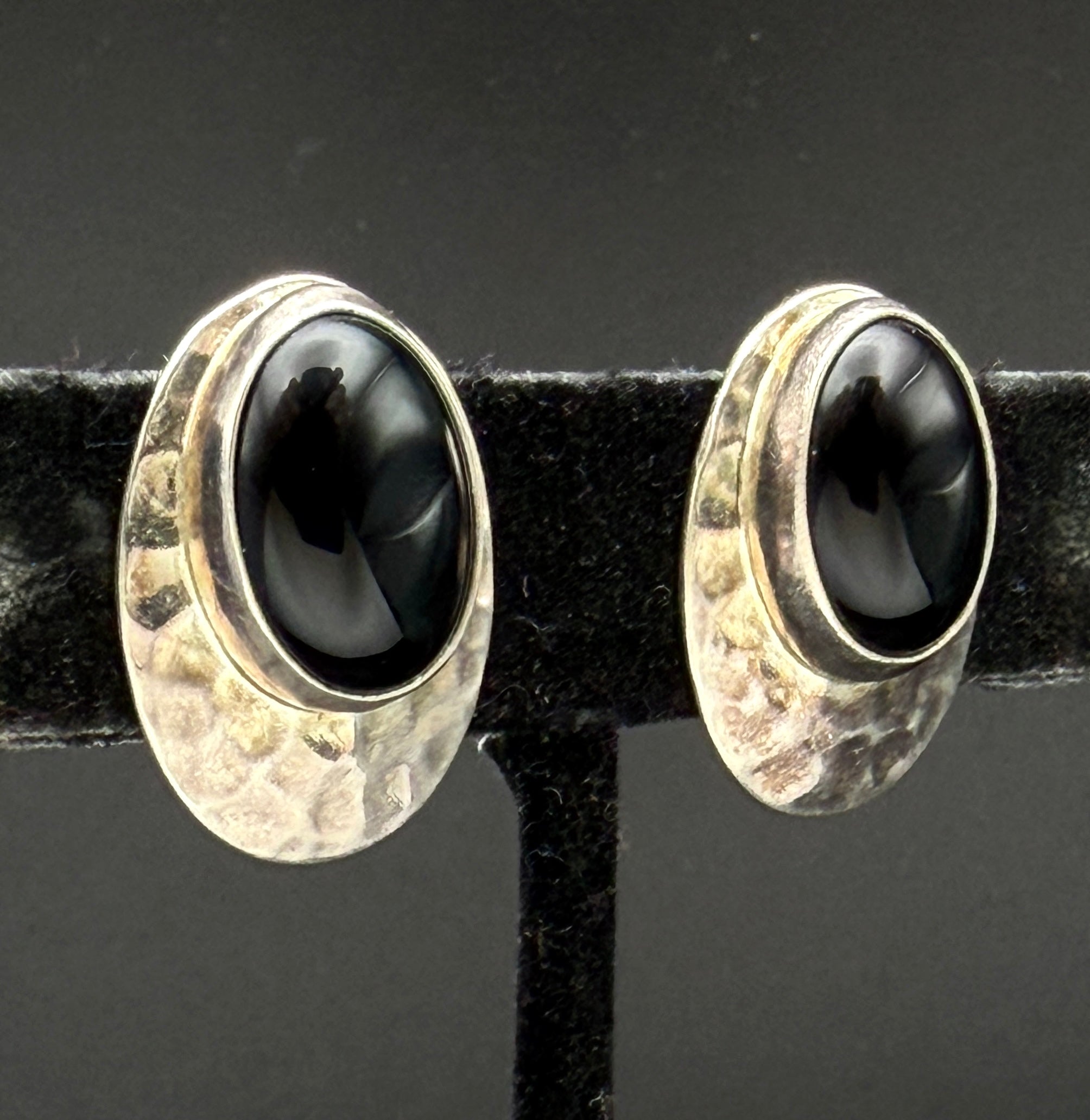 Vintage Hammered Sterling Silver Black Onyx Clip On Earrings