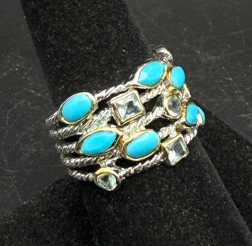 Vintage Sterling Silver Faux Turquoise and Imitation Blue Topaz Ring - Size 7.75